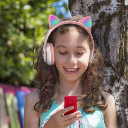 Wireless Headphones Cat Ear Bluetooth Over Ear Kids Headsets Foldable LED Lights - Aimall