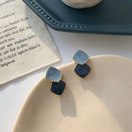 Fashion Blue Oil Drop Earrings Retro Style Black White Contrast Needle Jewellery