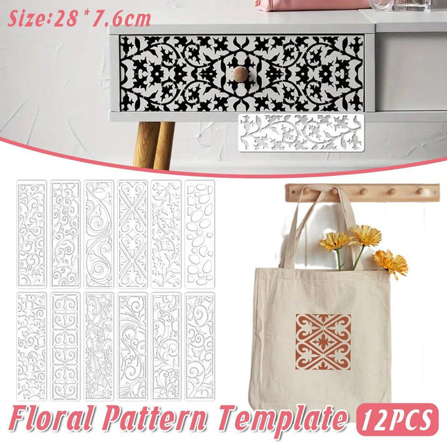 12pcs Striped Floral Stencil Reusable Painting Templates for DIY Handbook Decor