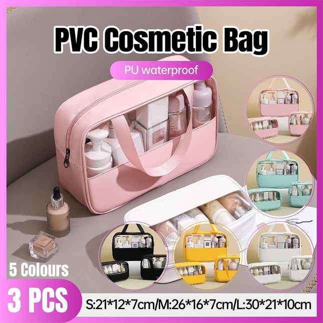 3pcs Large Capacity Waterproof Makeup Bag Set Translucent PU Travel Storage Bag