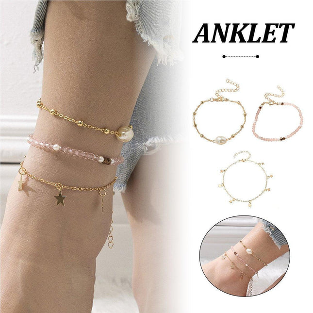 3pcs Pink Star Anklet Set Five-Pointed Star Foot Chain Fringe Jewelry Women