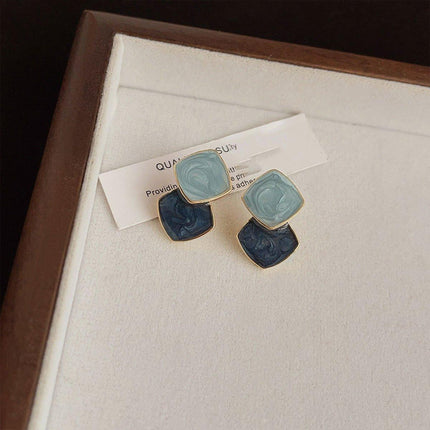 Fashion Blue Oil Drop Earrings Retro Style Black White Contrast Needle Jewellery
