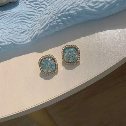 Vintage Green Square Geometric Stud Earrings Crushed Shell Jewelry for Women