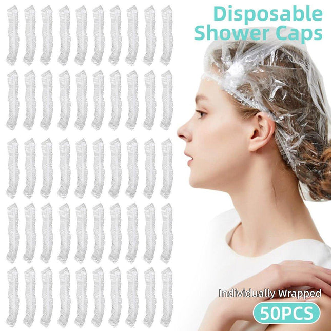50pcs Transparent Shower Caps Individually Wrapped for Hotel Guesthouse Supplies