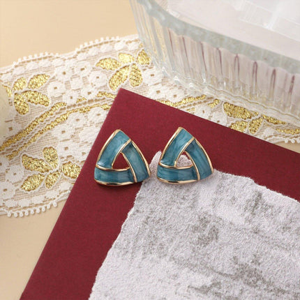 Trendy Blue Triangle Oil Drop Earrings Fashion Retro Silver Needle Jewelry