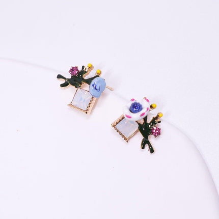 Asymmetric Enamel Flower Earrings for Women Sweet Jewelry Trendy Accessories