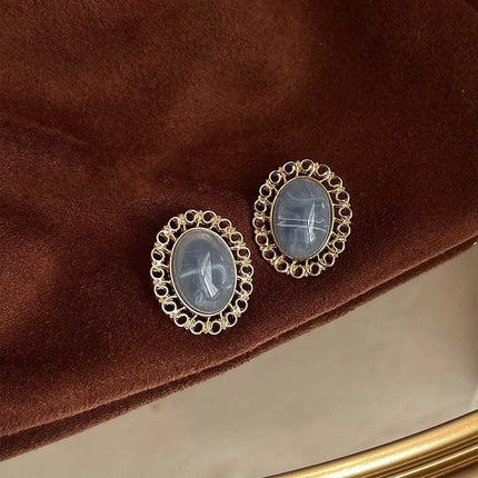 Elegant Blue Oil Drop Oval Earrings Retro Fashion Silver Needle Women Jewelry