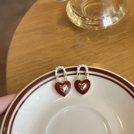 Red Heart Pearl Stud Earrings Fashion Jewelry Elegant Women Accessories