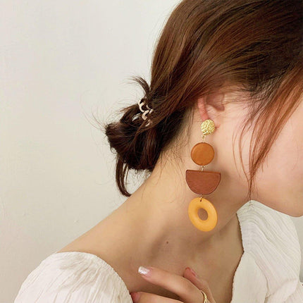 Geometric Wooden Earrings Vintage Simple Colour Block Long Earrings for Women