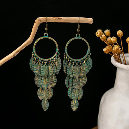 Green Bohemian Feather Tassel Earrings Ethnic Jewelry Women Fashion Accessory