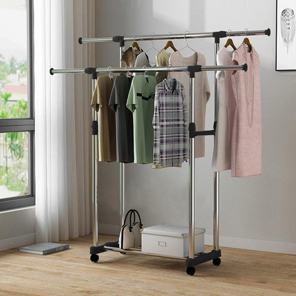 Adjustable Double Clothes Rack Stainless Steel Garment Holder Coat Hanger Stand