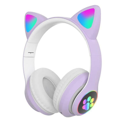 Wireless Headphones Cat Ear Bluetooth Over Ear Kids Headsets Foldable LED Lights - Aimall