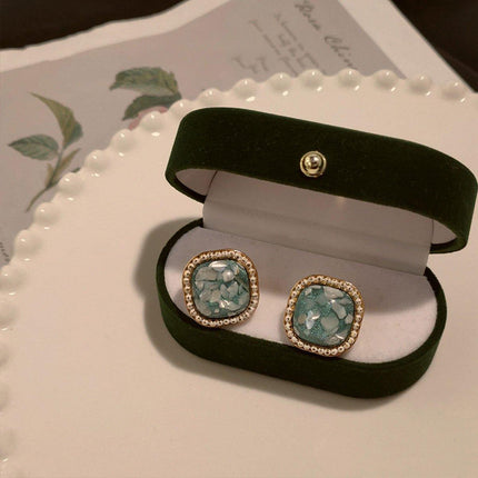 Vintage Green Square Geometric Stud Earrings Crushed Shell Jewelry for Women
