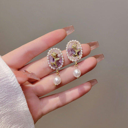 Vintage Rose Flower Earrings Oval Studs Elegant Jewelry for Women and Girls Gift