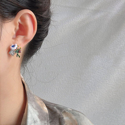 Asymmetric Enamel Flower Earrings for Women Sweet Jewelry Trendy Accessories