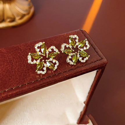 Luxury Olive Green Zircon Flower Earrings Fashion High-end Needle Earrings