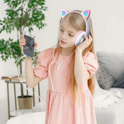 Wireless Headphones Cat Ear Bluetooth Over Ear Kids Headsets Foldable LED Lights - Aimall