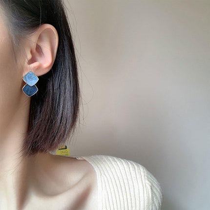 Fashion Blue Oil Drop Earrings Retro Style Black White Contrast Needle Jewellery