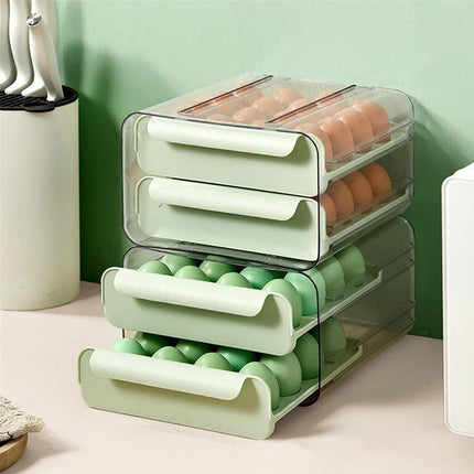 Double Layer Green Egg Storage Carton Drawer Fridge Organizer for Kitchen Use