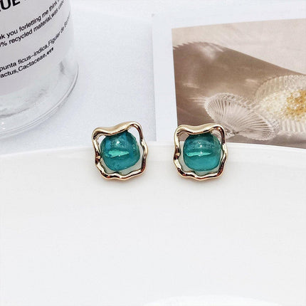 Elegant Blue Oil Drop Earrings Fashion Retro Geometric Irregular Silver Needle