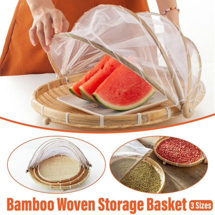 Bamboo Storage Basket with Mesh Cover for Fruit Vegetables Food Buns Kitchen