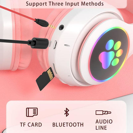 Wireless Headphones Cat Ear Bluetooth Over Ear Kids Headsets Foldable LED Lights - Aimall