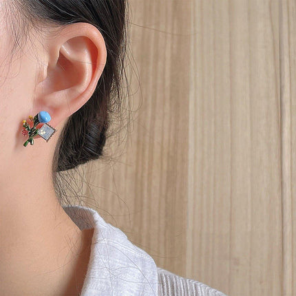 Asymmetric Enamel Flower Earrings for Women Sweet Jewelry Trendy Accessories