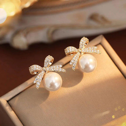Vintage Ribbon Pearl Earrings Elegant Jewelry for Women Fashion Accessories Gift