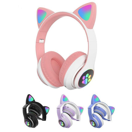 Wireless Headphones Cat Ear Bluetooth Over Ear Kids Headsets Foldable LED Lights - Aimall