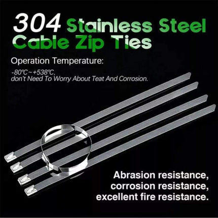 200x Stainless Steel Cable Ties SS304 Marine Grade Zip Strap Locking Wrap 100-800mm - Aimall