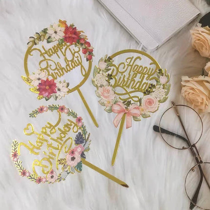 Happy Birthday Anniversary Wedding Cake Flowers Topper Acrylic Party Decorations - Aimall