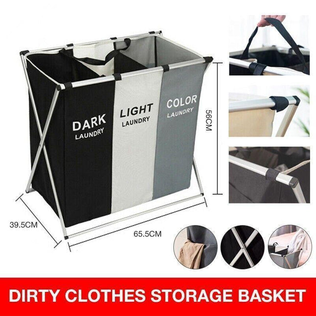 3 Sections Hamper Sorter Dark Light Folding Laundry Washing Basket Bag Holder AU - Aimall