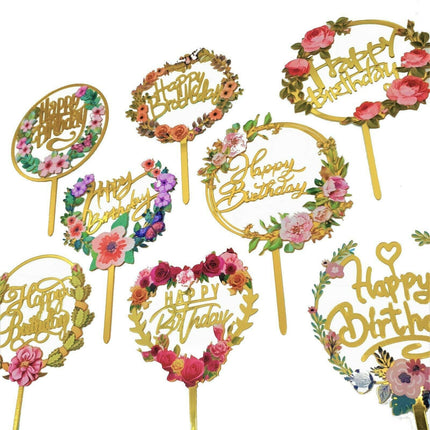 Happy Birthday Anniversary Wedding Cake Flowers Topper Acrylic Party Decorations - Aimall