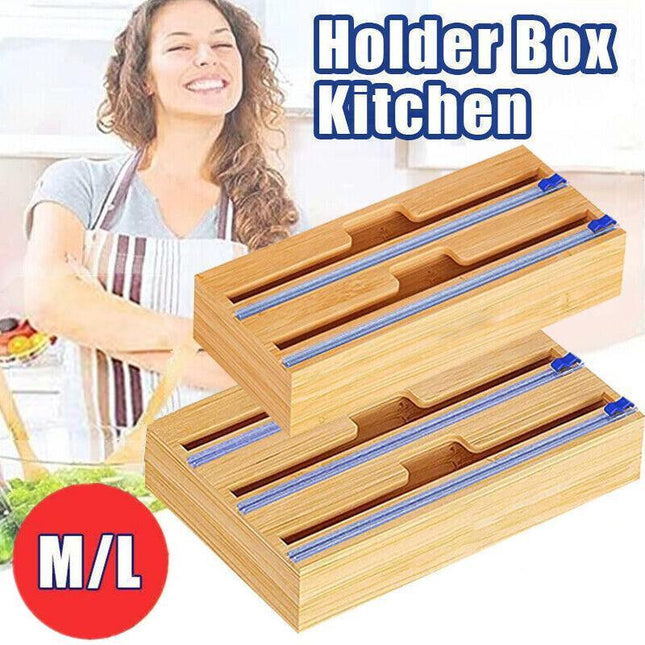Bamboo Food Wrap Dispenser Cutter Foil Cling Film Storage Holder Box Kitchen AU - Aimall