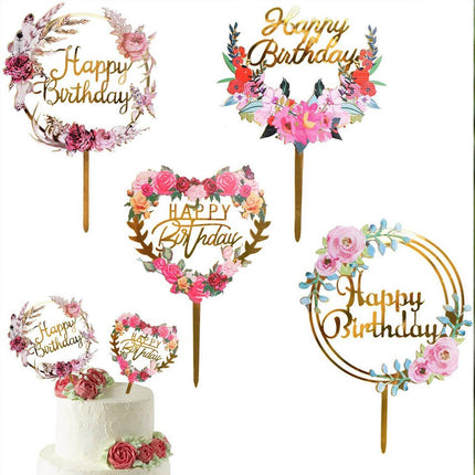 Happy Birthday Anniversary Wedding Cake Flowers Topper Acrylic Party Decorations - Aimall