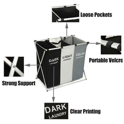 3 Sections Hamper Sorter Dark Light Folding Laundry Washing Basket Bag Holder AU - Aimall