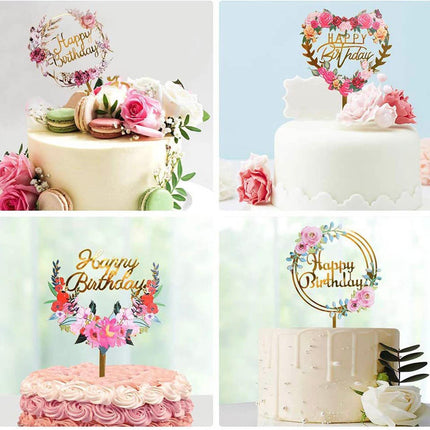 Happy Birthday Anniversary Wedding Cake Flowers Topper Acrylic Party Decorations - Aimall