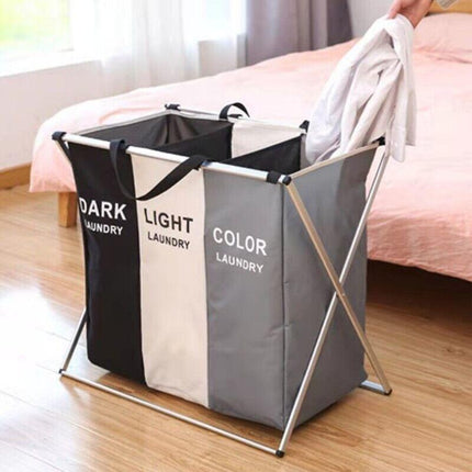 3 Sections Hamper Sorter Dark Light Folding Laundry Washing Basket Bag Holder AU - Aimall
