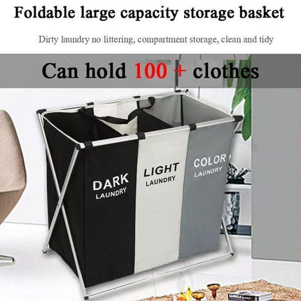 3 Sections Hamper Sorter Dark Light Folding Laundry Washing Basket Bag Holder AU - Aimall