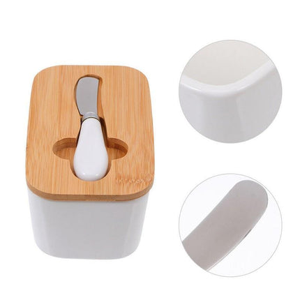 Ceramic Butter Dish Box Storage Tray Container w/ Bamboo Lid & Butter Cutter - Aimall