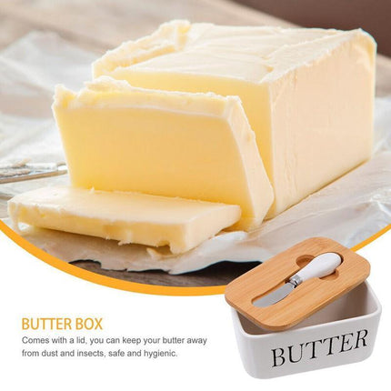 Ceramic Butter Dish Box Storage Tray Container w/ Bamboo Lid & Butter Cutter - Aimall