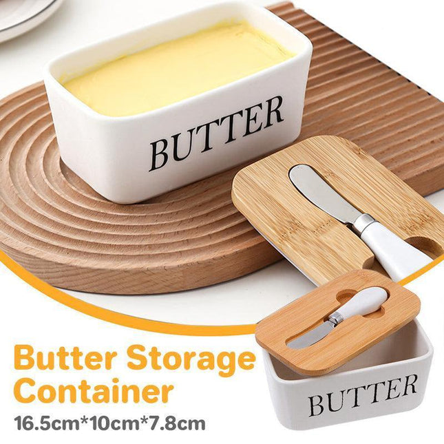 Ceramic Butter Dish Box Storage Tray Container w/ Bamboo Lid & Butter Cutter - Aimall