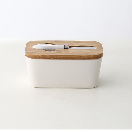 Ceramic Butter Dish Box Storage Tray Container w/ Bamboo Lid & Butter Cutter - Aimall