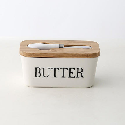 Ceramic Butter Dish Box Storage Tray Container w/ Bamboo Lid & Butter Cutter - Aimall