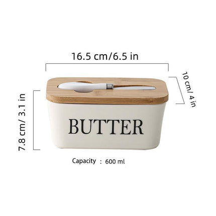 Ceramic Butter Dish Box Storage Tray Container w/ Bamboo Lid & Butter Cutter - Aimall