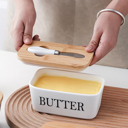 Ceramic Butter Dish Box Storage Tray Container w/ Bamboo Lid & Butter Cutter - Aimall