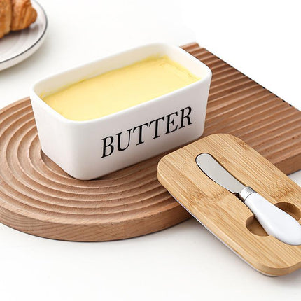 Ceramic Butter Dish Box Storage Tray Container w/ Bamboo Lid & Butter Cutter - Aimall
