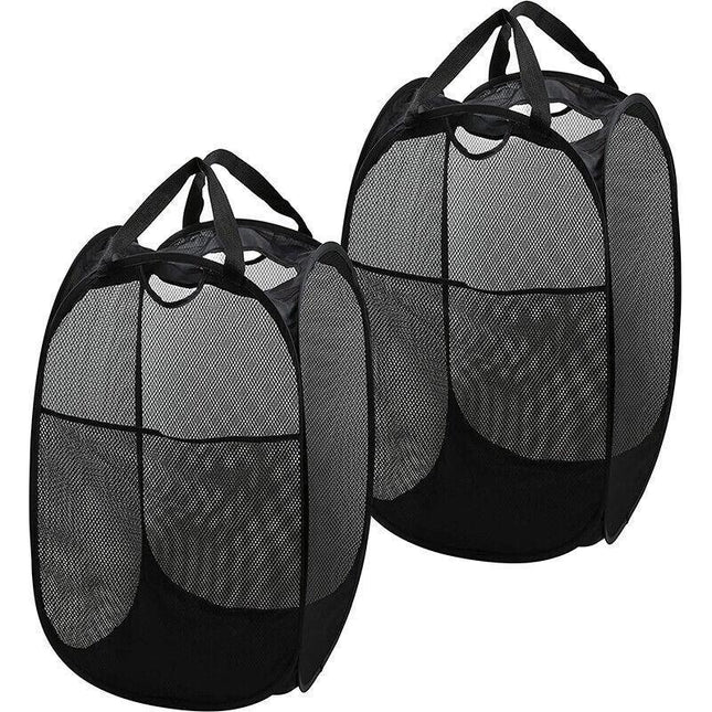 2x Foldable Nylon Mesh Laundry Hamper Pop Up Basket Clothes Washing Storage Bin - Aimall