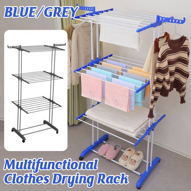 Moveable Folding Clothes Drying Rack Space Saving Blue/Grey for Laundry Balcony