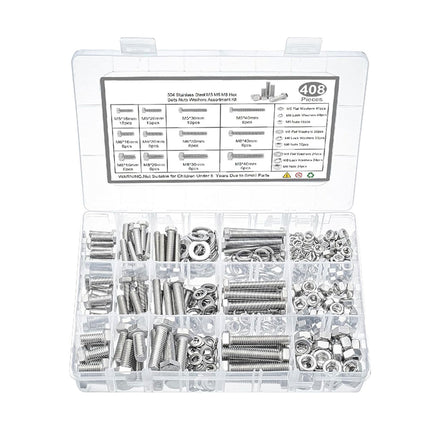 408PCS Stainless Steel Hex Bolts Nuts Washers Assortment Set with Storage Box